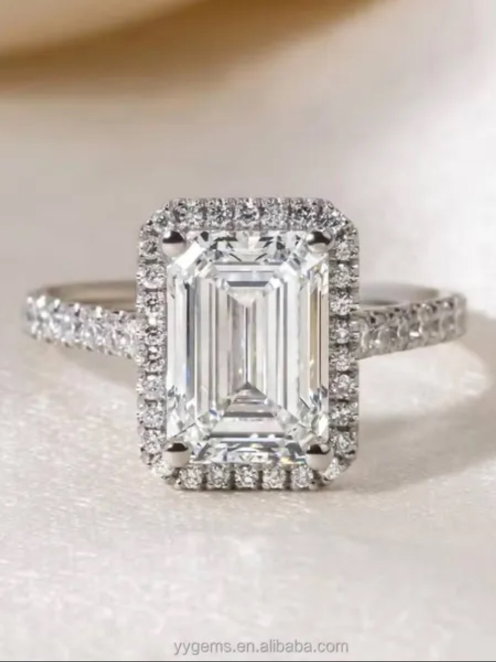18K White Gold 4 Carat Emerald Cut Moissanite Diamond Halo Engagement Ring